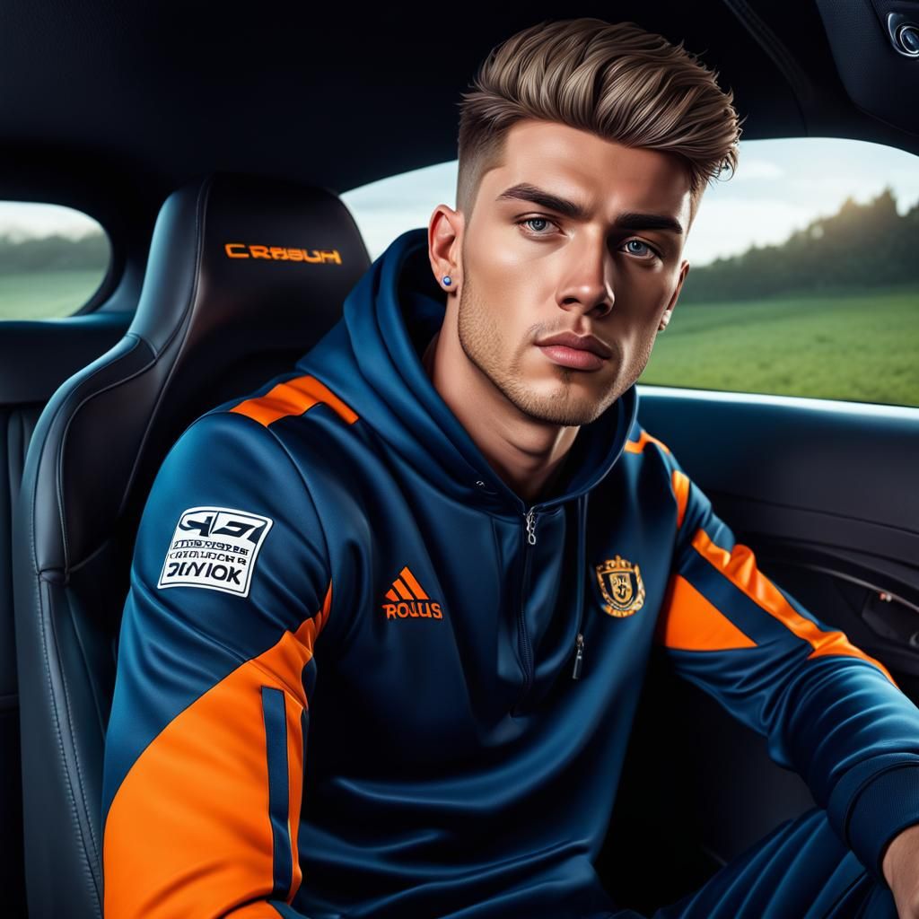 Photorealistic Portrait of a Young Man in Car