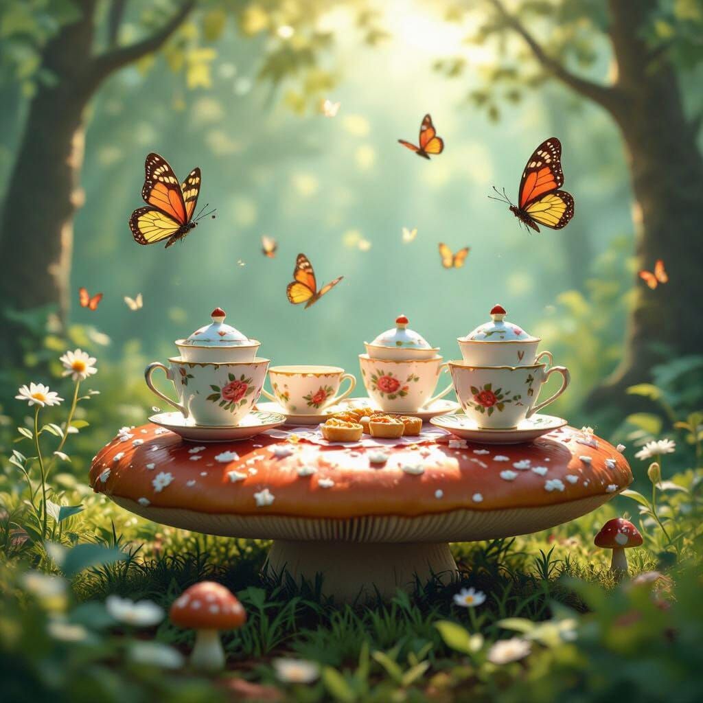 Anthropomorphic Teacups Picnic on Giant Mushroom