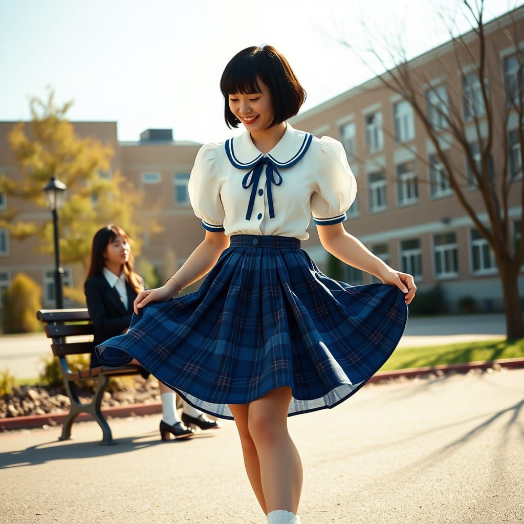 Elegant Schoolgirl in Blue Tartan Delight