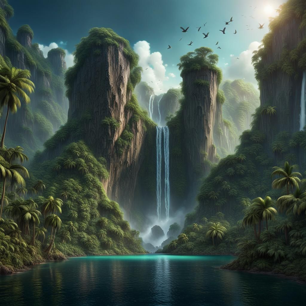 Photorealistic Island Panorama with Waterfalls and Jungle
