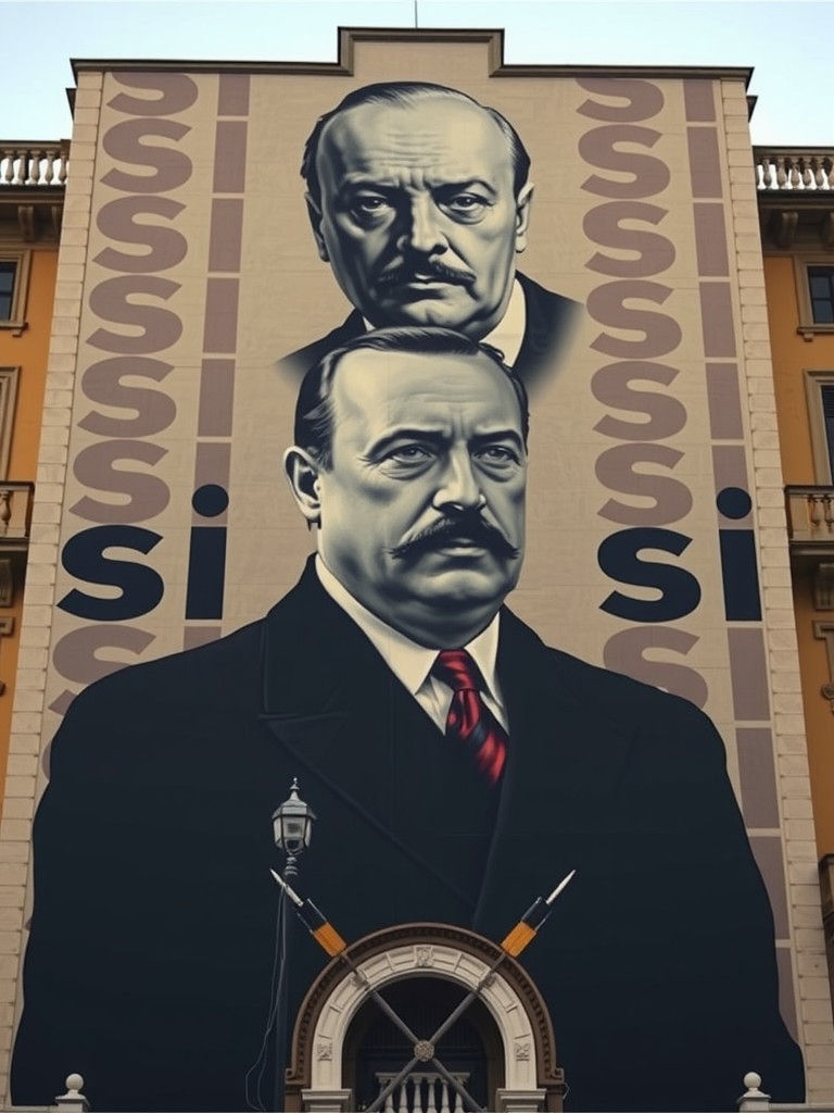 A huge likeness of Benito Mussolini on the facade of the Palazzo Braschi in Rome in 1934. Behind him, the word si (yes) ...
