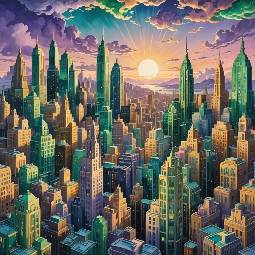 Surreal Art Deco Cityscape with Melting Details