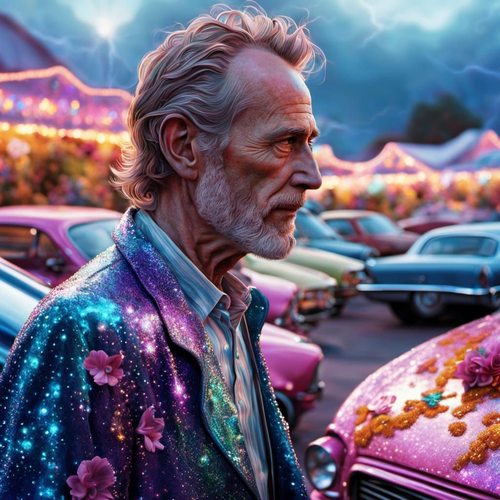 Aetherpunk Image of a Repugnant Man Near Cars