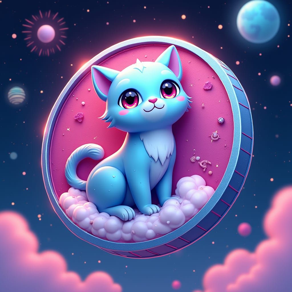 Futuristic Crypto Coin Features Adorable Cat on Cloud in Spa...