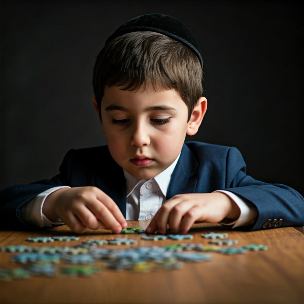 Serene Charedi Boy Focuses on Puzzle