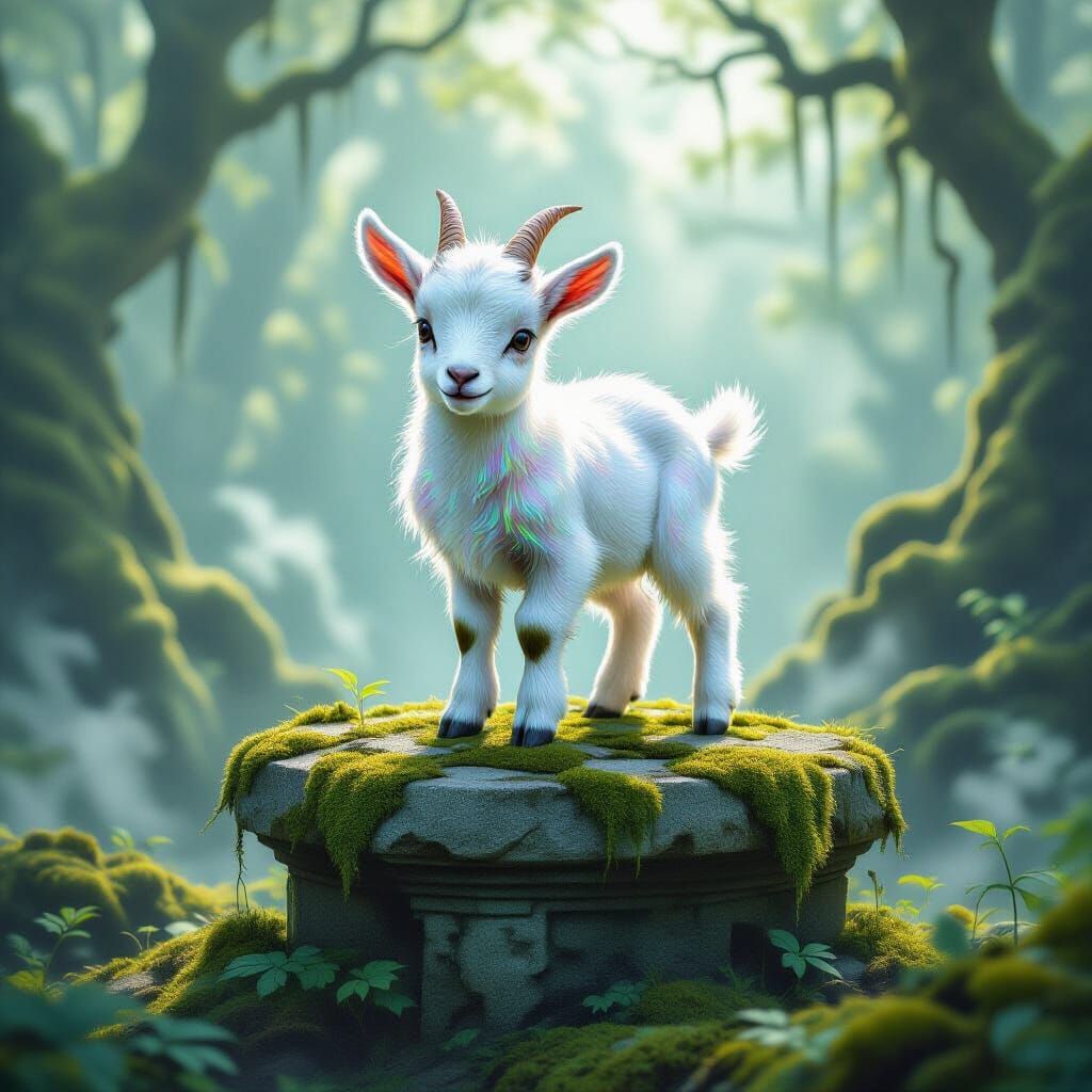 Iridescent Goat on Stone Pedestal in Misty Forest