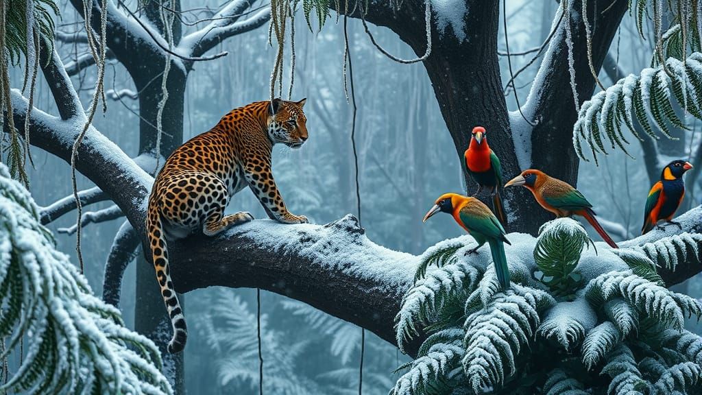 a photo of the Amazon rainforest under a rare snowfall