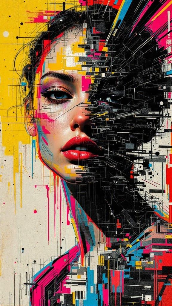 Digital Anarchy in Golden Light - Fragmented Female Form