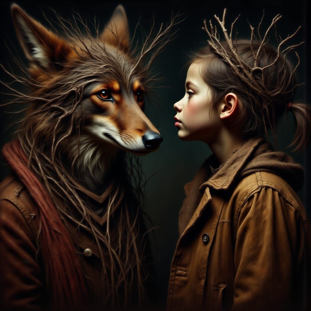 Navajo Child Meets Coyote in Dark Fantasy Portrait