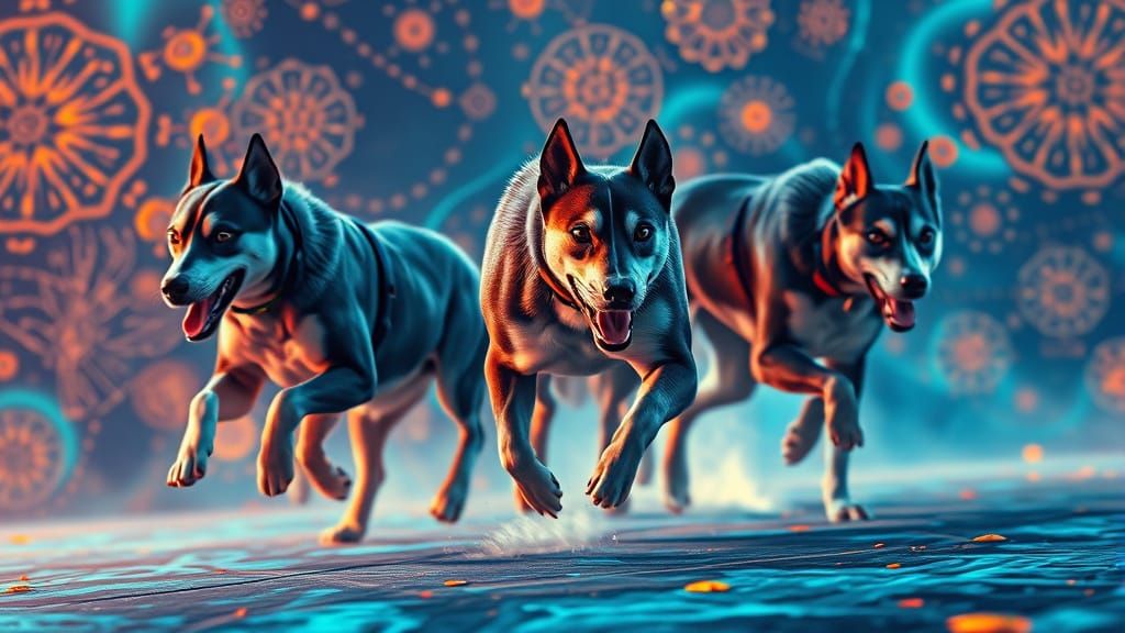 Pitbull-Husky Hybrids Racing in a Dreamlike Landscape