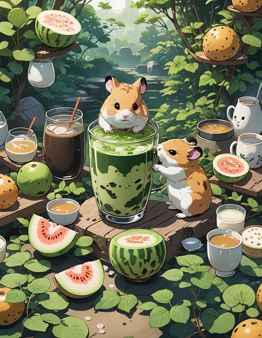 Hamster Sipping Tea in Japanese Anime Garden