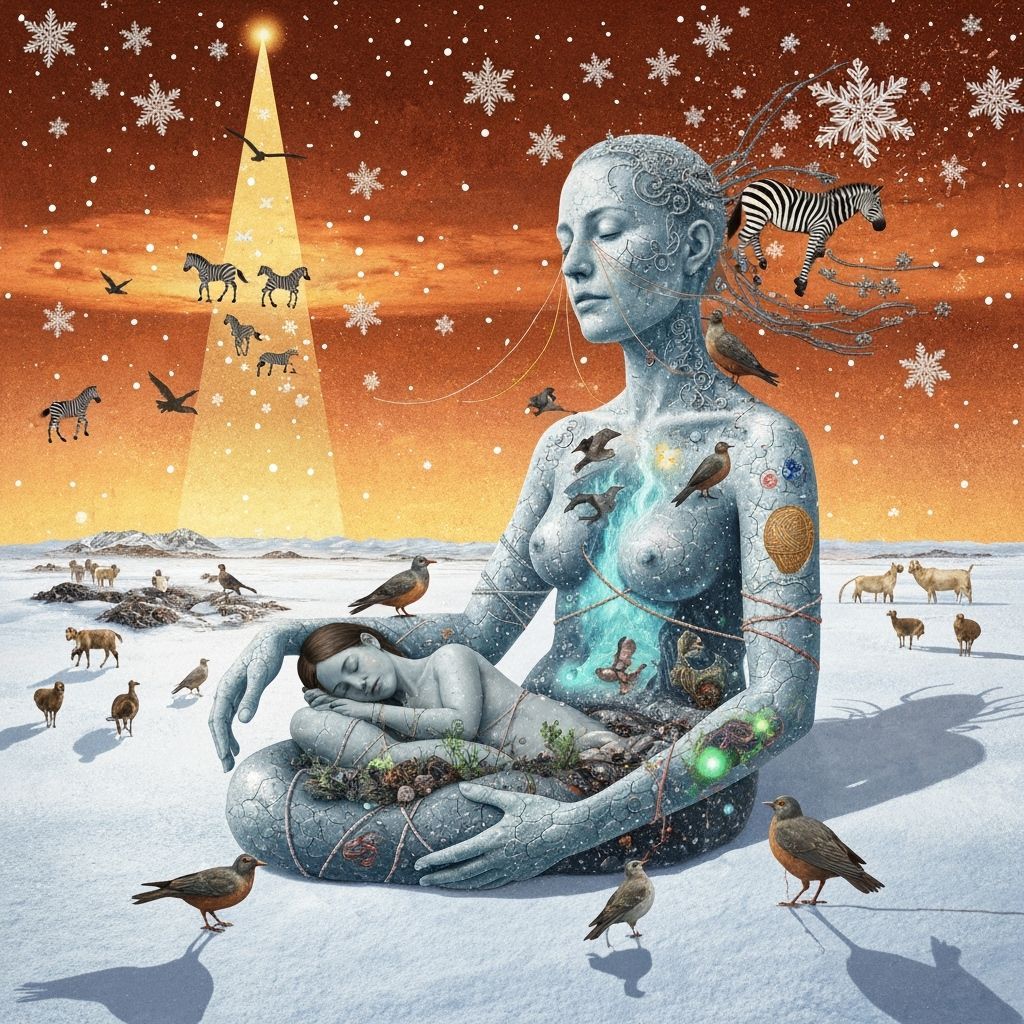 Woman's Winter Transformation in Surreal Collage Style