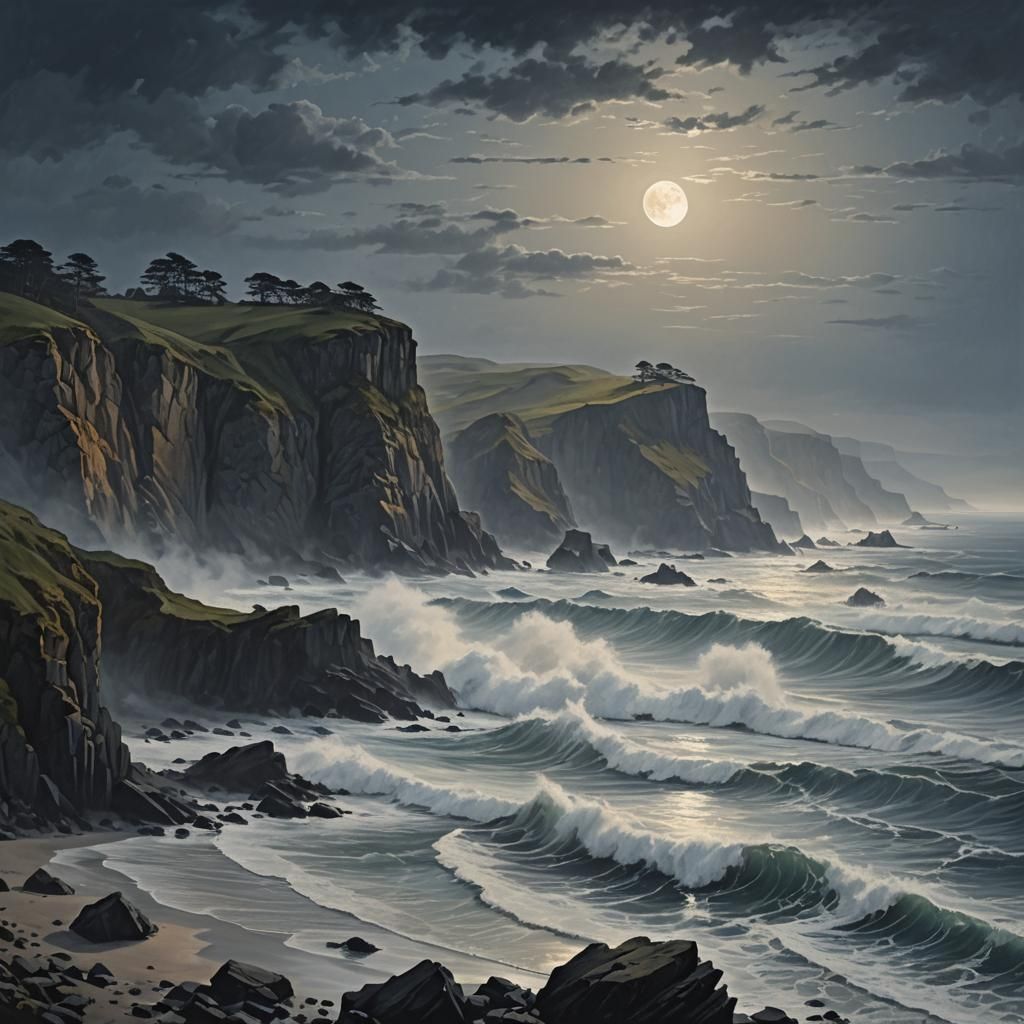 Misty Coastline at Dusk with Crashing Waves