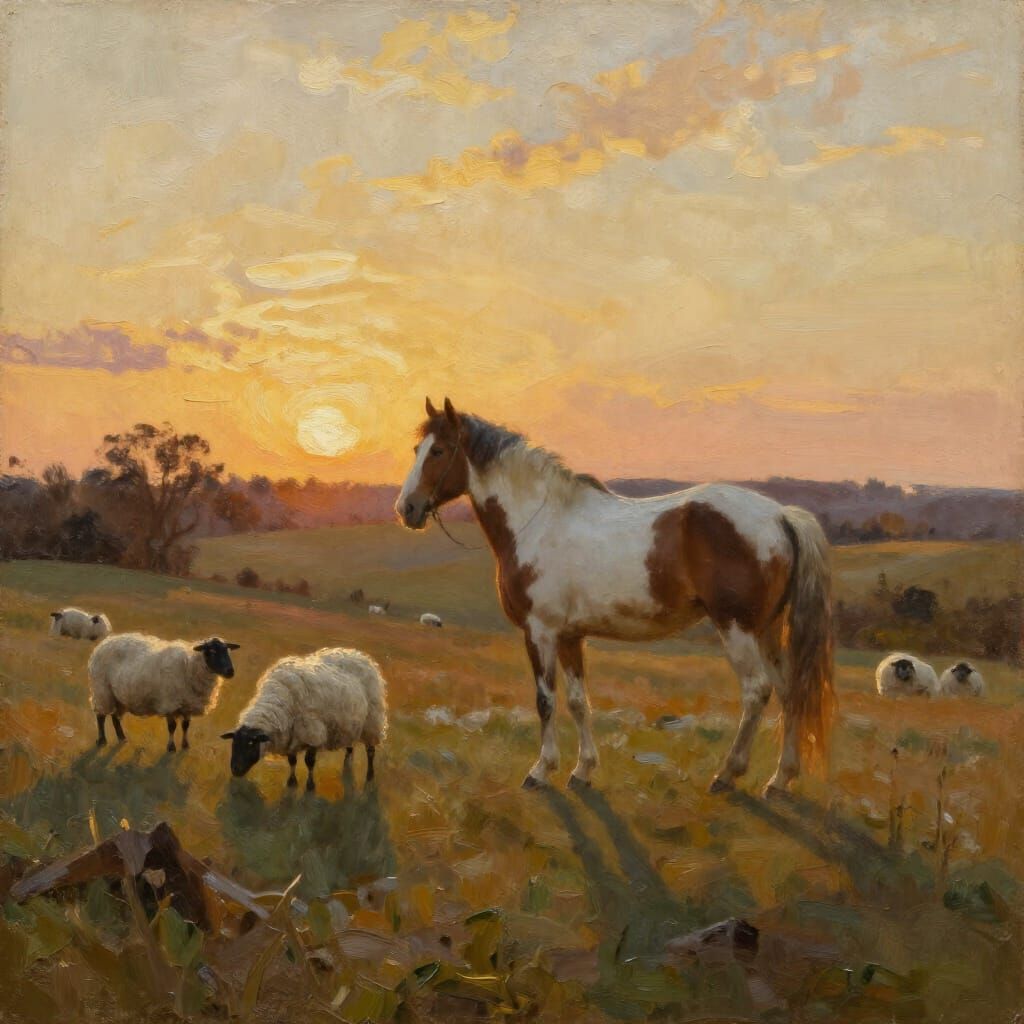 Pastoral Sunset Oil Painting with Horse and Sheep