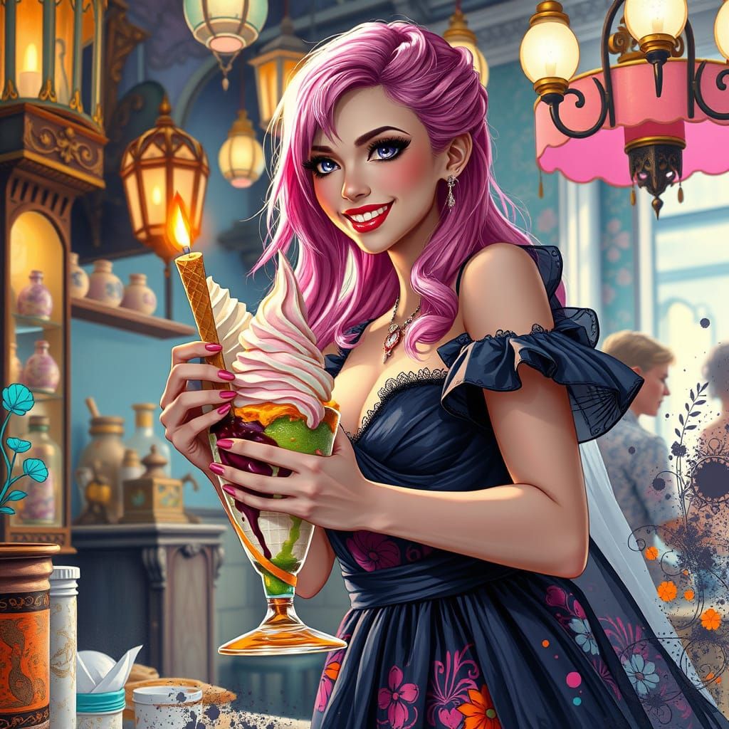 Woman Crafts Sundae in Art Nouveau Style