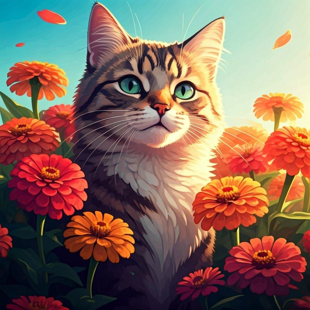 Cat in Zinnia Garden: Manga Style Wallpaper
