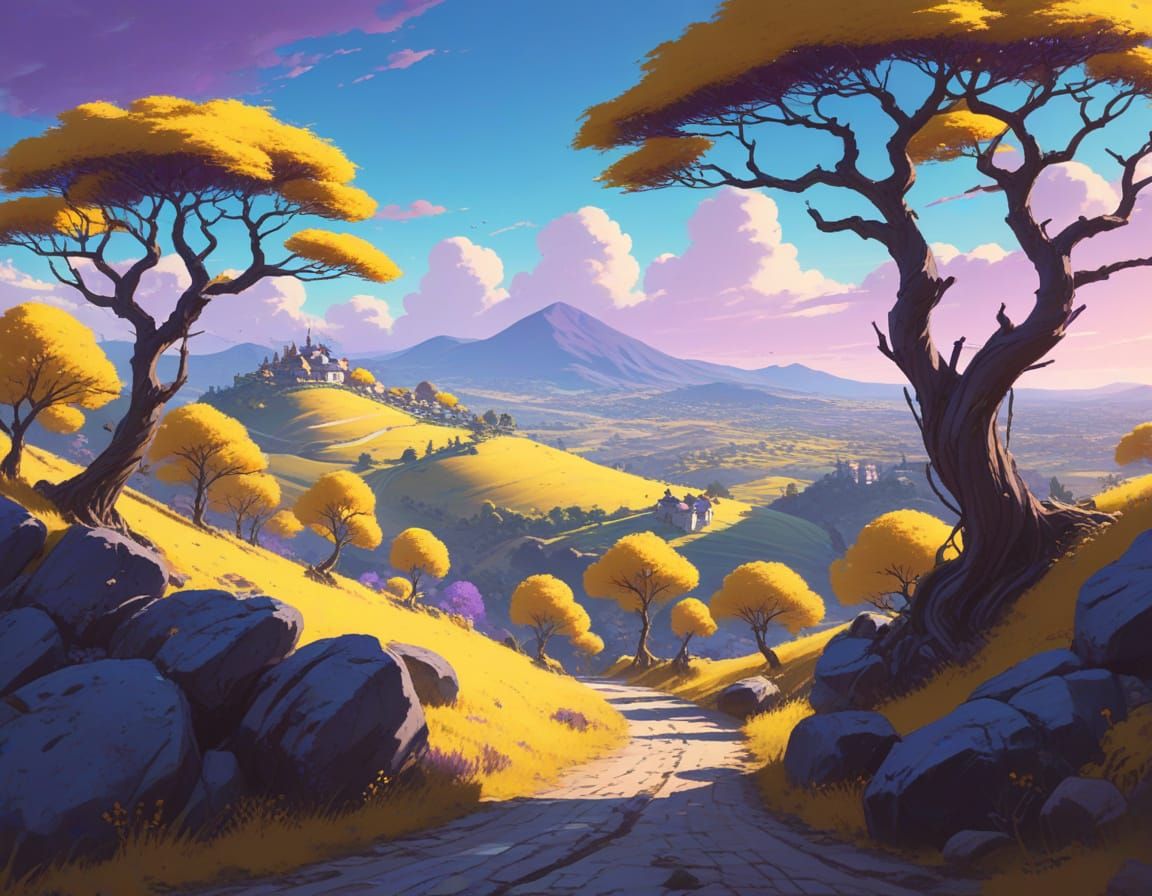Whimsical Fantasy Landscape in Vibrant Yellow and Blue