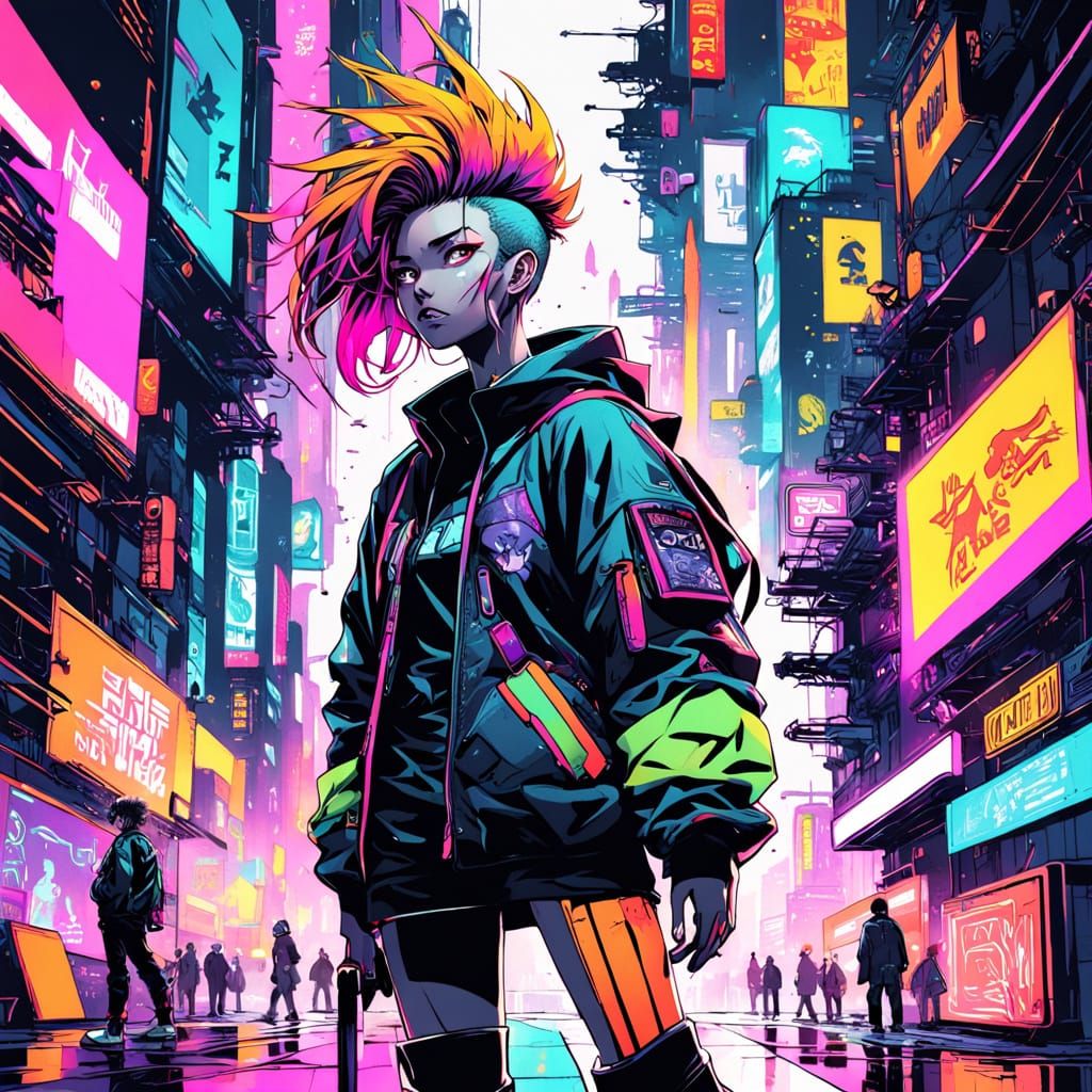Young Woman in Cyberpunk City