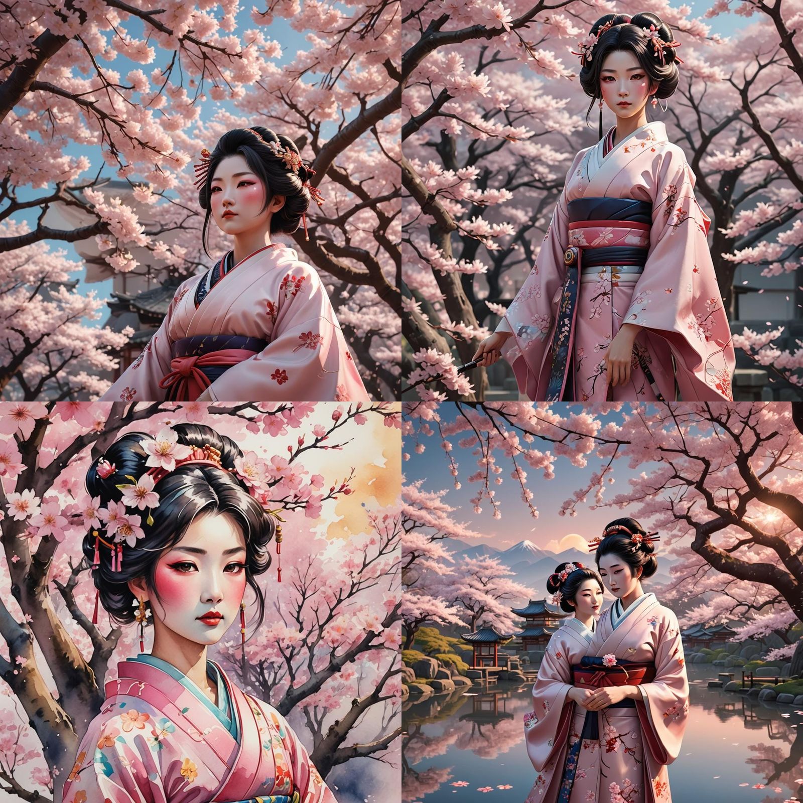 Geisha Under Cherry Blossoms in Anime Style