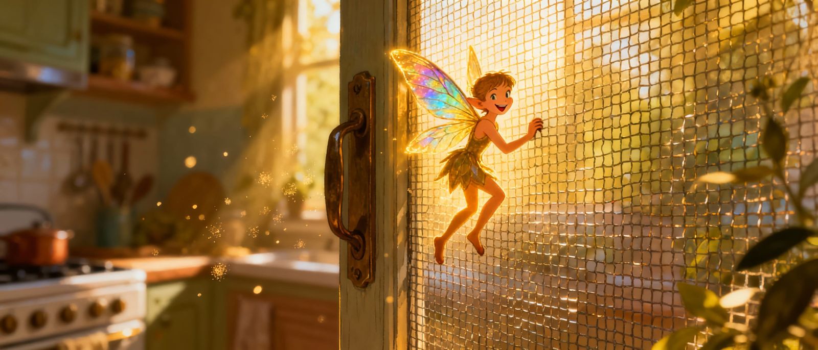 Tiny Fairy Climbing Kitchen Door in Golden Sunlight