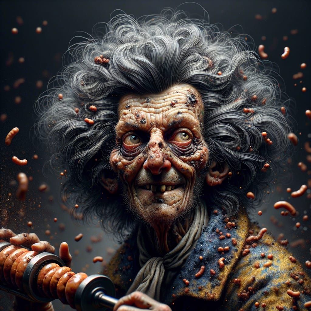 Mischievous Innkeeper Sausage Grinding: Hyperrealistic Portr...