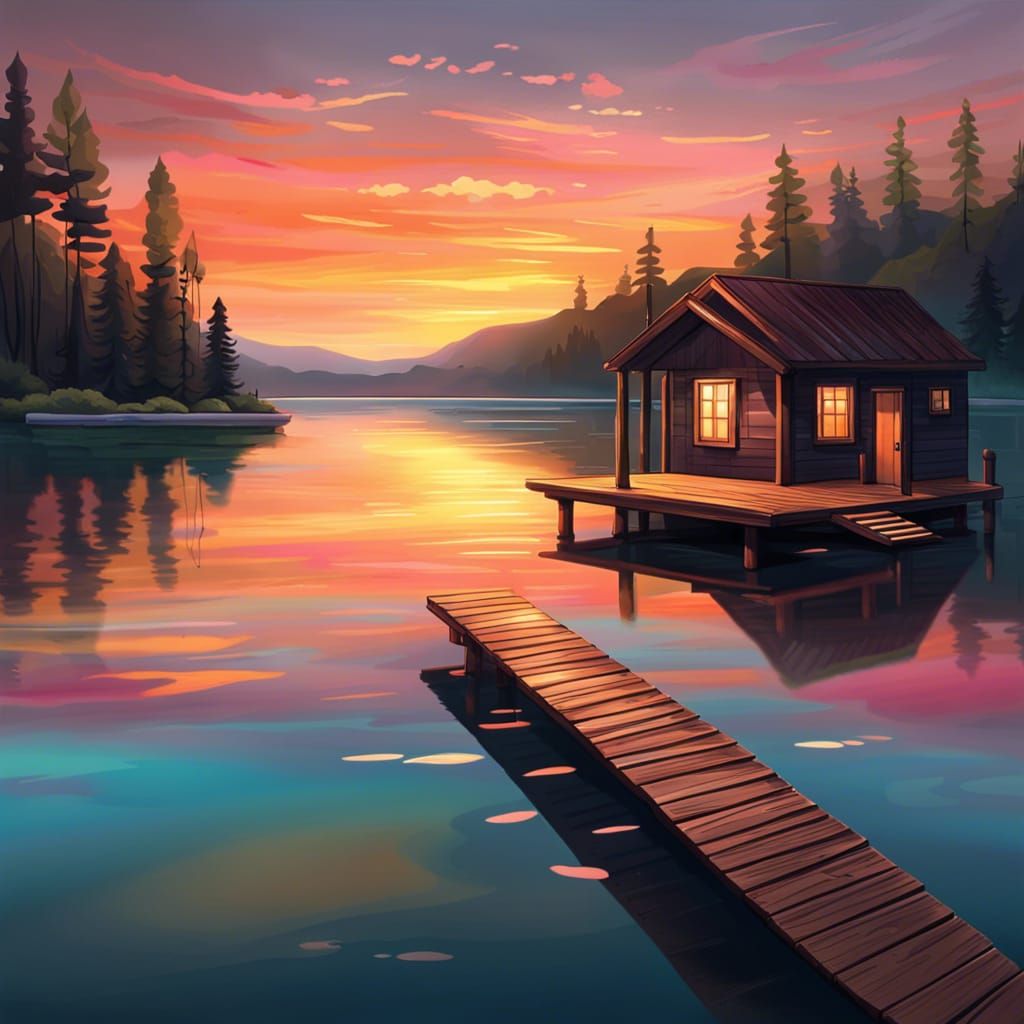 Serene Lakeside Sunset: Hyperrealistic Splash Art