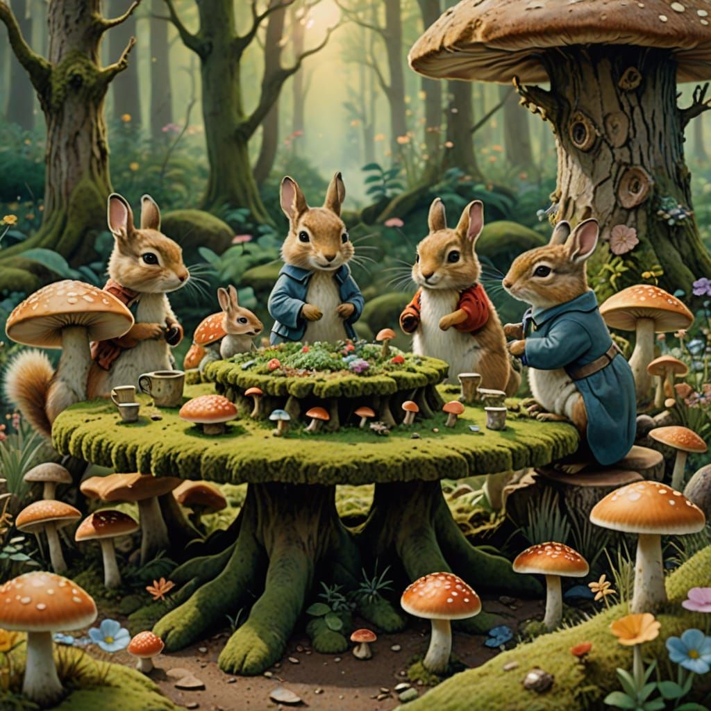 Enchanted Forest Tea Party in Watercolor Style