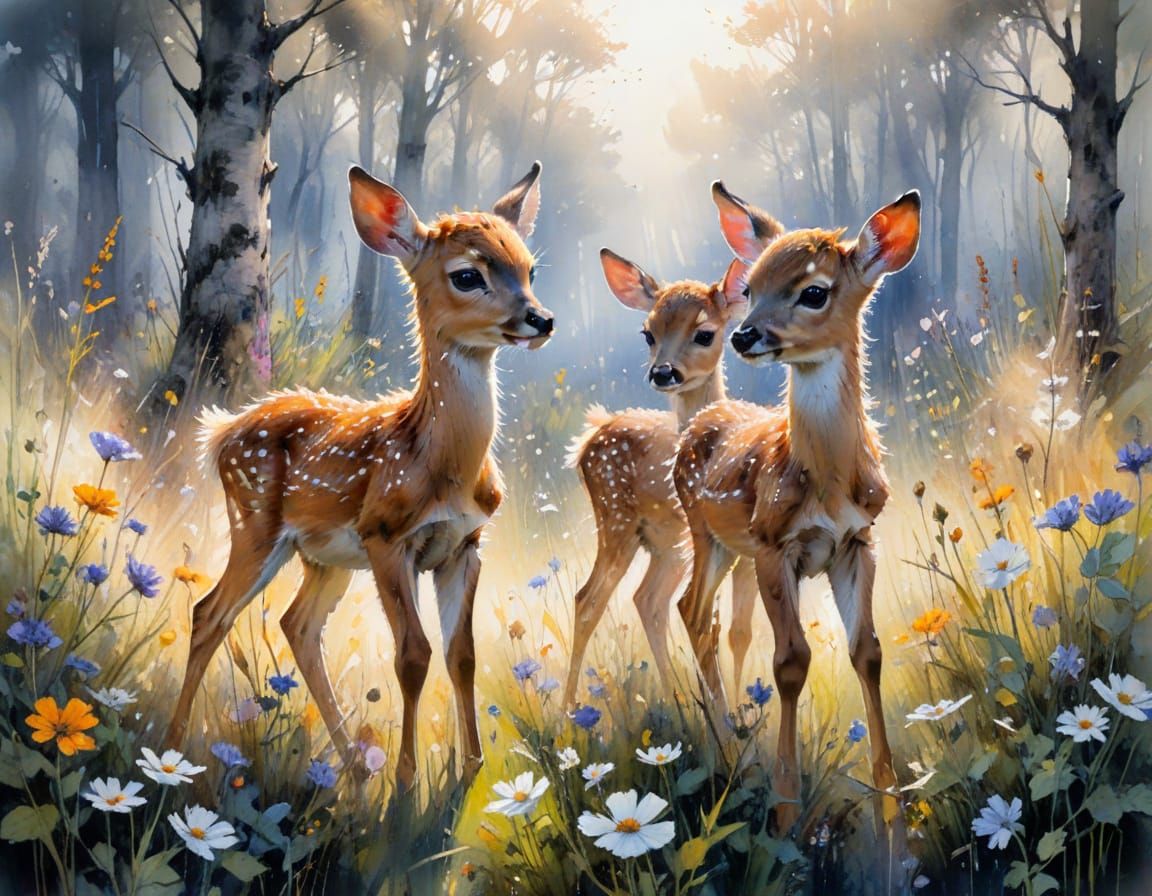 Fawns in Wildflower Glade, in Watercolour Style