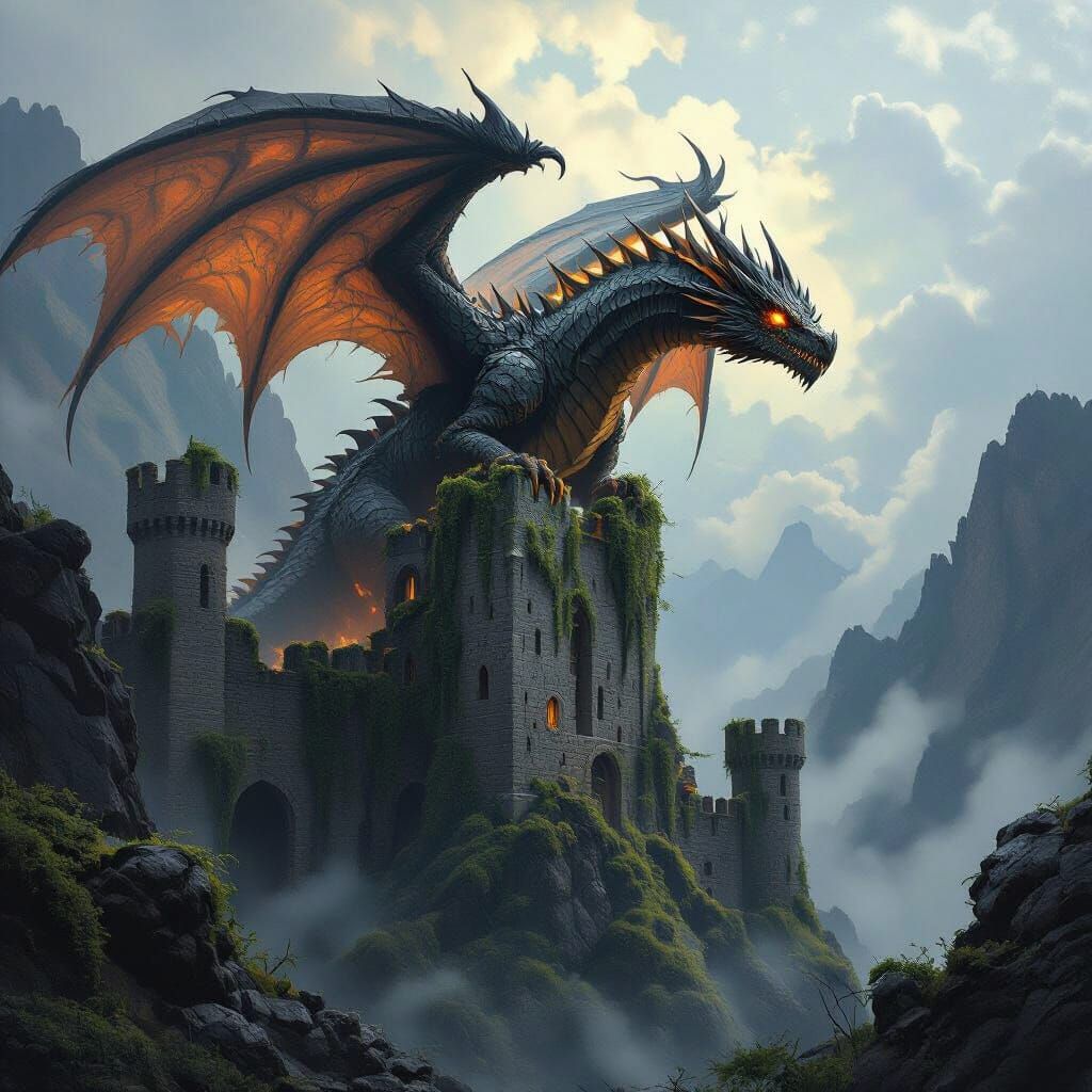 Dragon Ascends from Castle: Fantasy Landscape