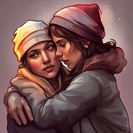 Lesbian Couple Portrait in Grungy, Hyperdetailed Style