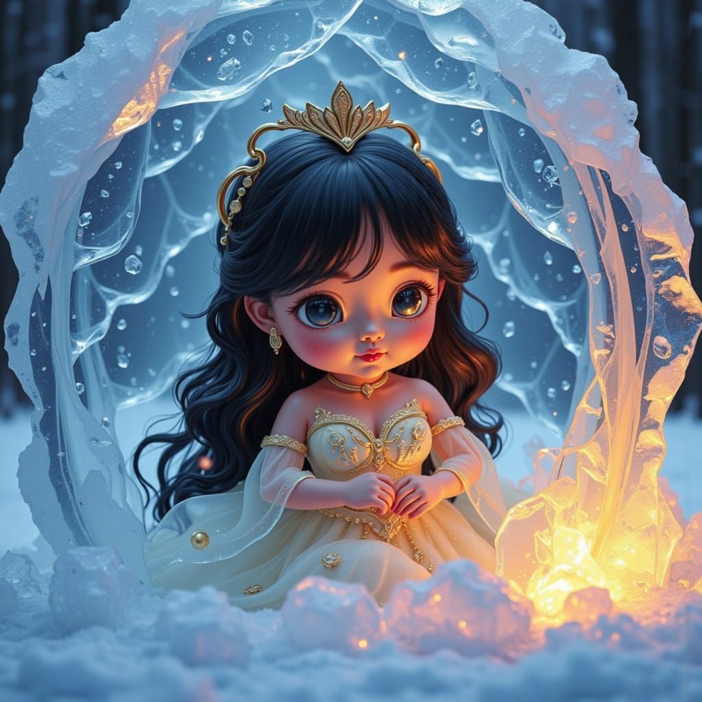 Chibi Princess Trapped in Ice Cube with Golden Glow