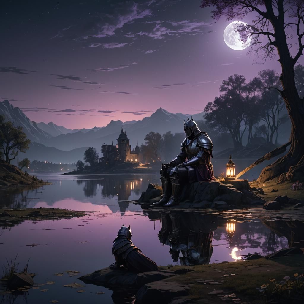 Melancholy Knight Reflects by Moonlit Lake