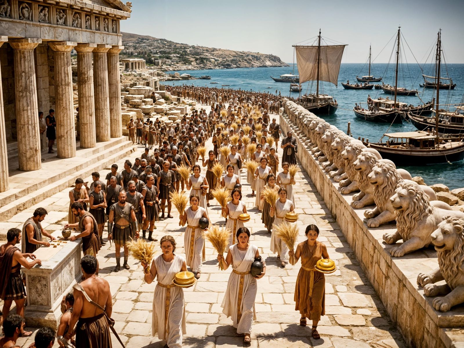 Ancient Delos Holiday Procession in Cinematic Style