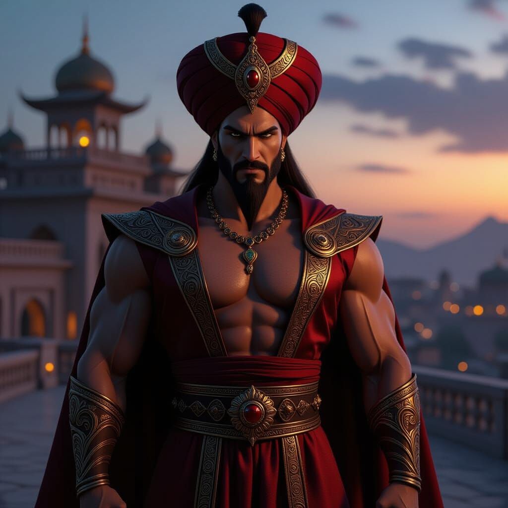 Muscular Jafar in Crimson Robes at Sultan's Palace