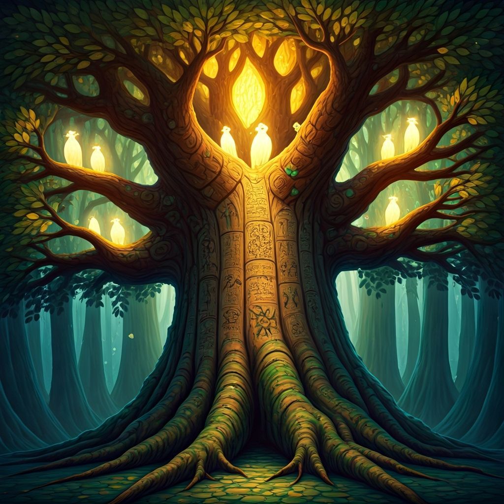 Ancient Story Tree with Stained Glass Leaves and Light Birds