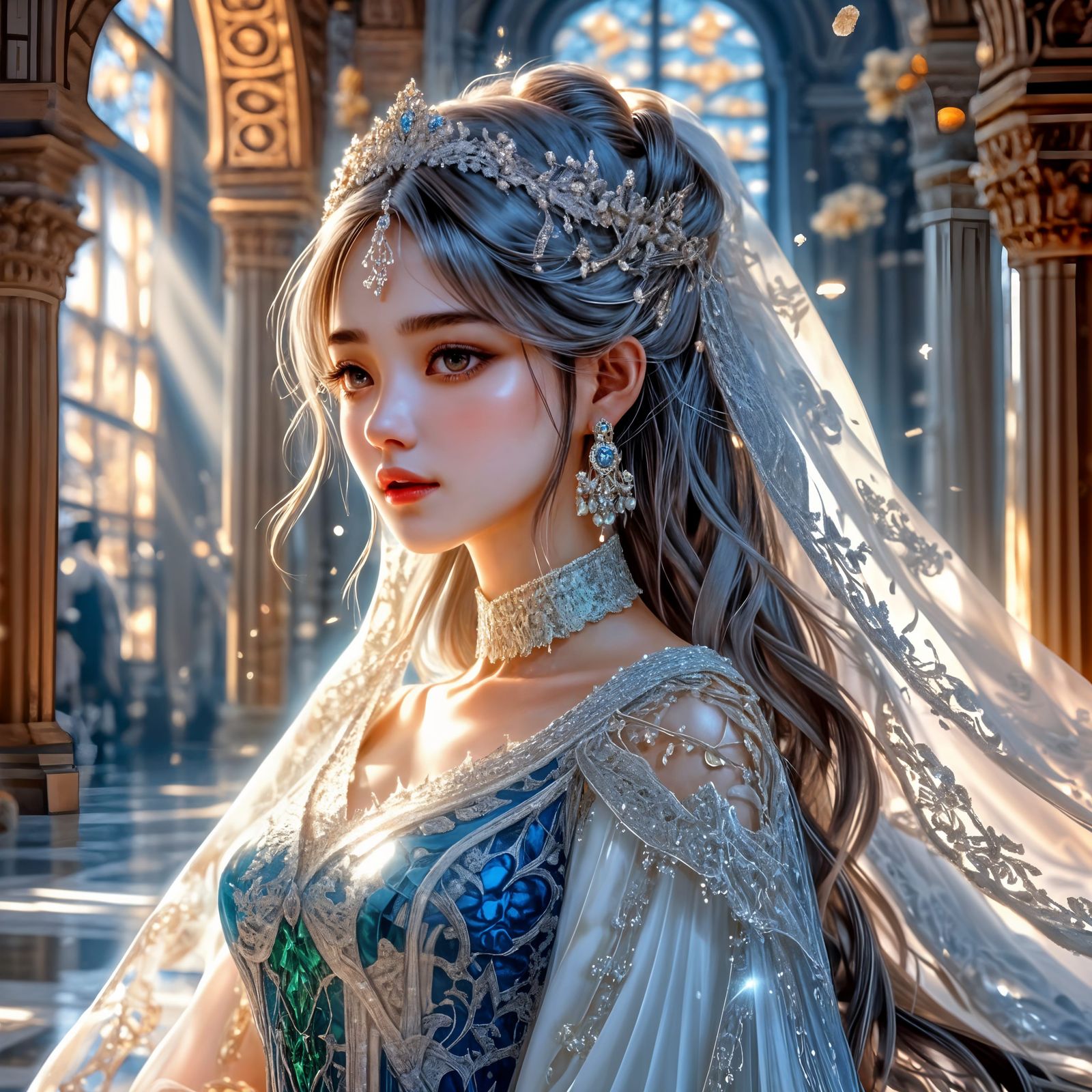 Divine Anime Goddess in Opulent Wedding Gown with Emeralds