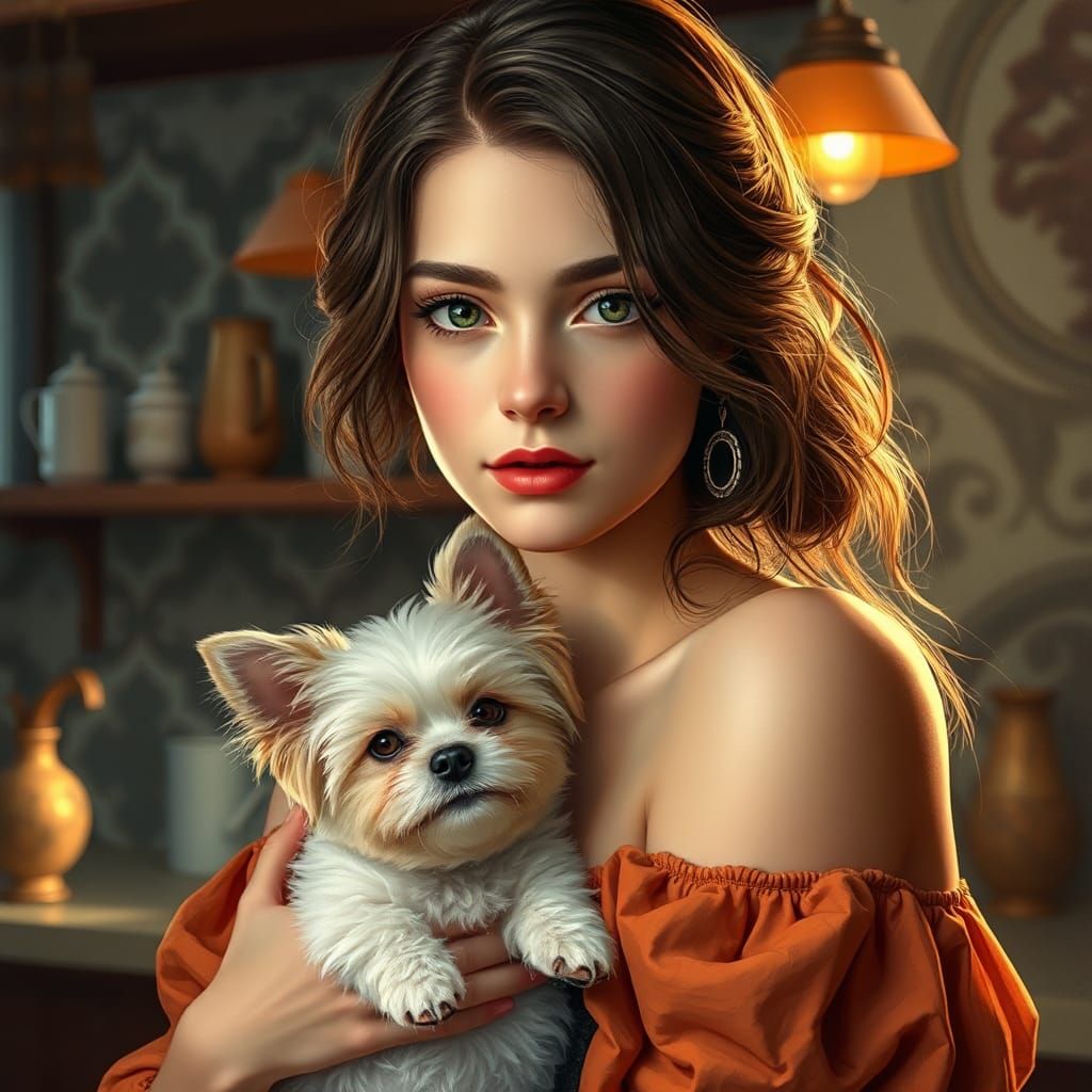 Woman and Dog in Fantasy Kitchen, Art Nouveau Style