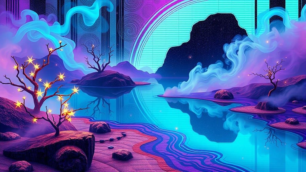 Cyberpunk Dreamscape with Swirling Patterns and Iridescent S...