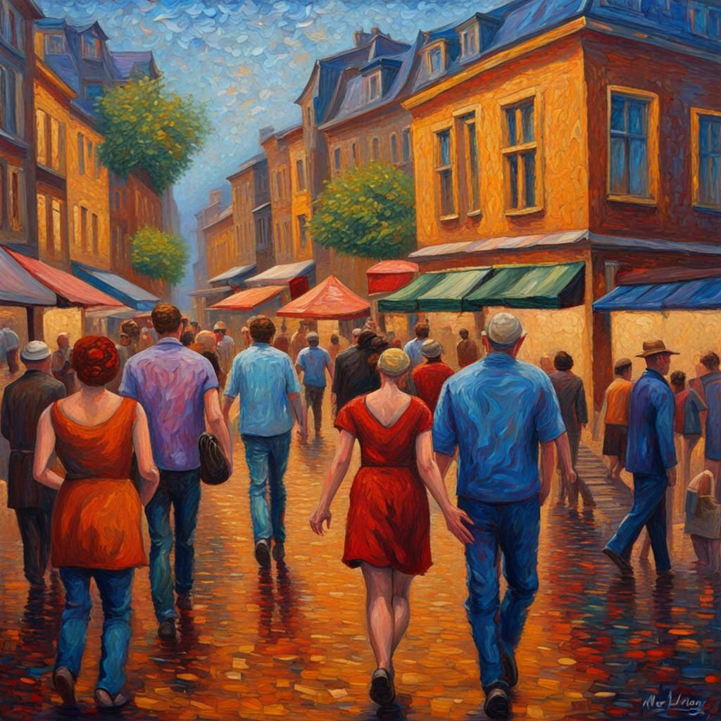 Metropolis of Colorful Characters in Expressionist Impasto S...