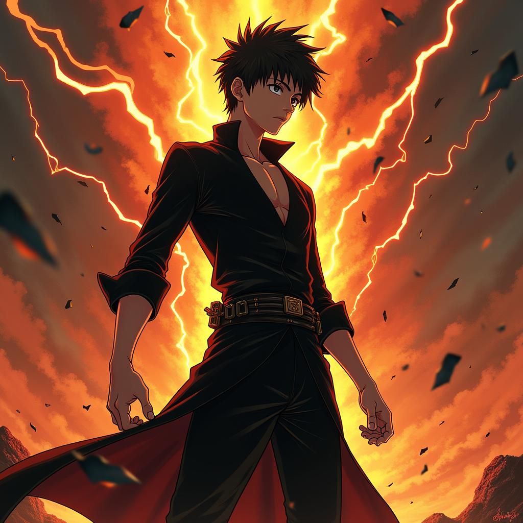 Heroic Anime Protagonist in Fiery Manga Style