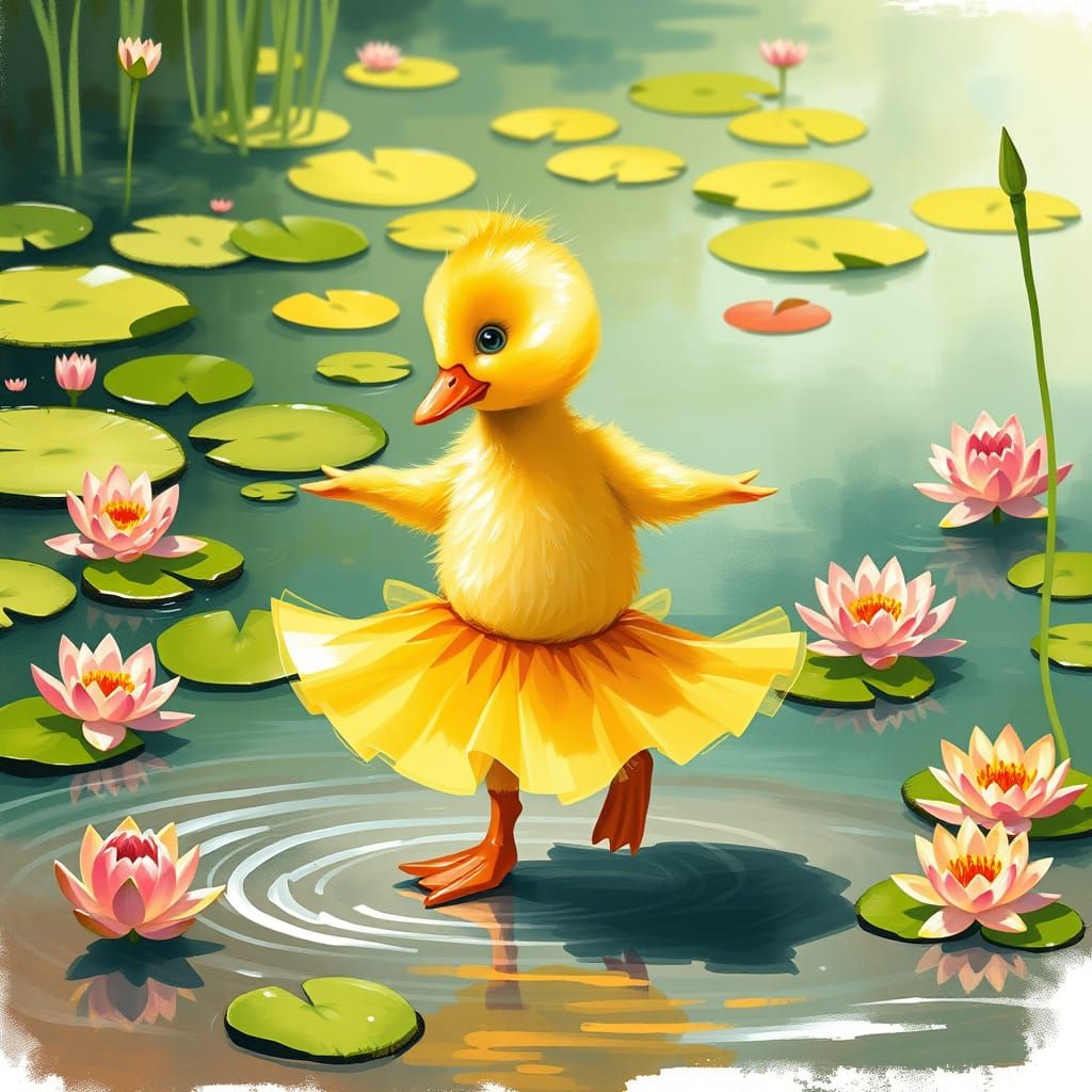 Duckling in Tutu Dances on Pond, Illustrated Style