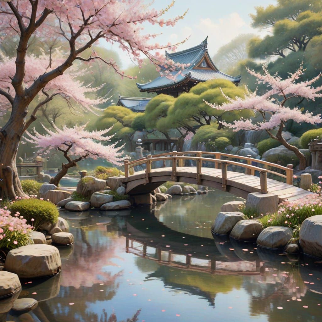Dreamy Cherry Blossom Scene in Japanese Garden Style