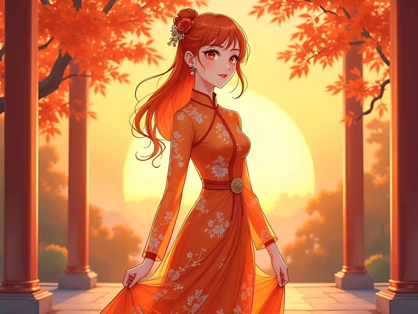 Elegant Anime Woman in Flowing Orange Dress