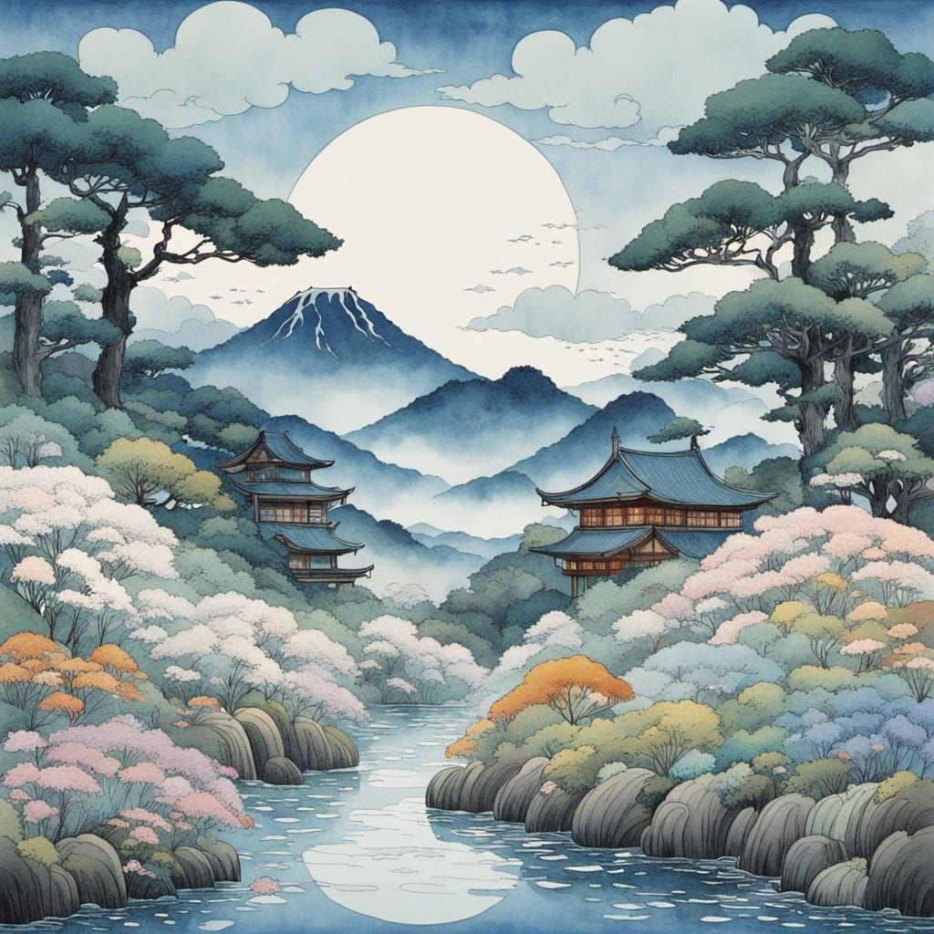 Woman in Whimsical Zen Landscape