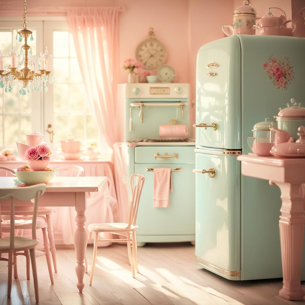 Pastel Shabby Chic Kitchen with Pink Refrigerator