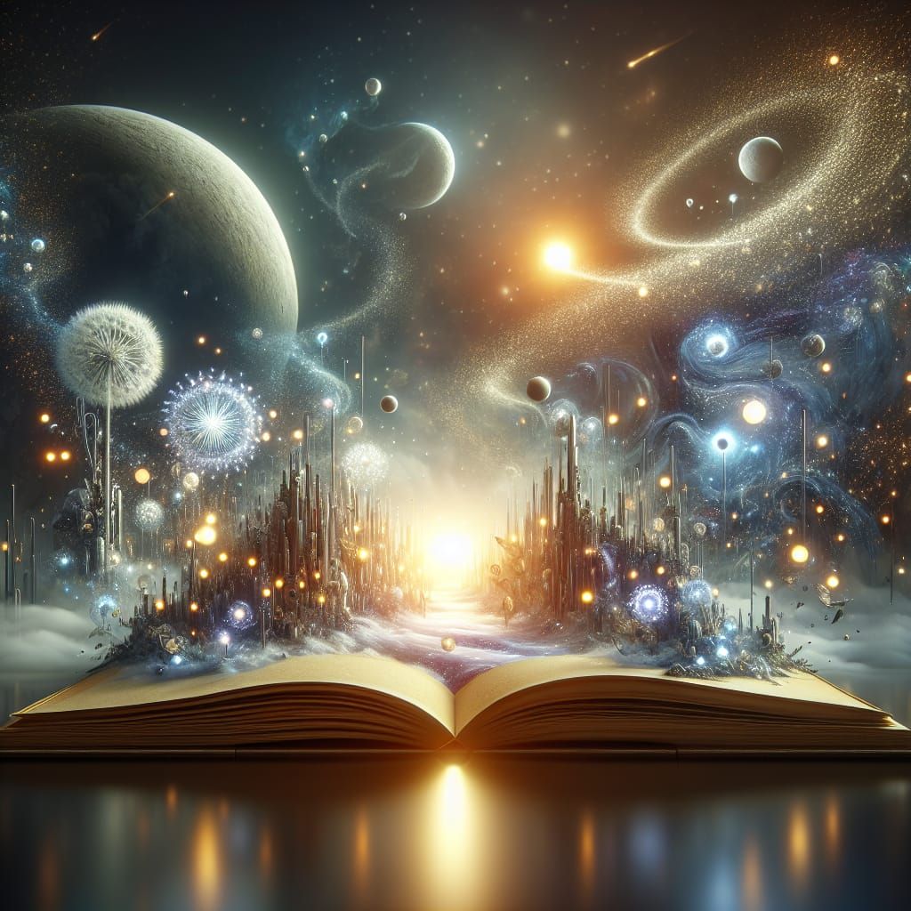 Miniature Sci-Fi World Emerges from Book, Digital Illustrati...