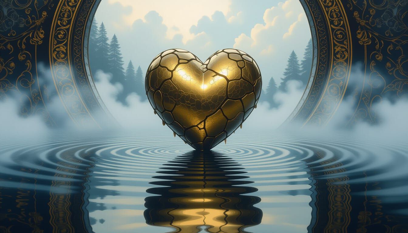 Kintsugi Heart in Mist: Academic Art Oil Painting