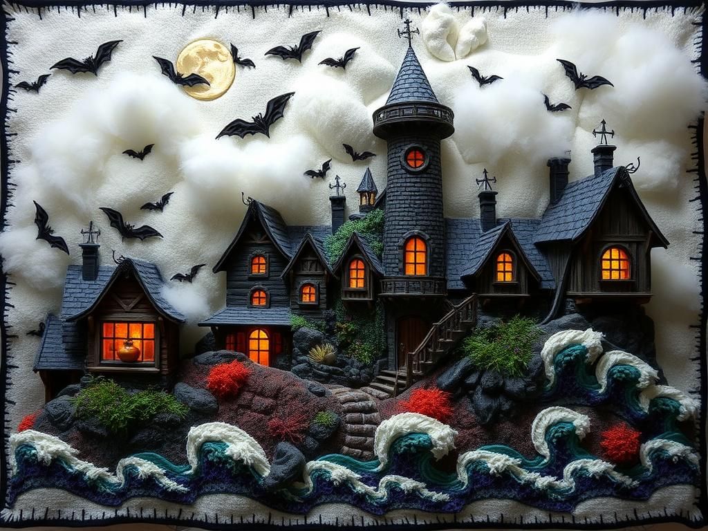 Spooky Haunted Coastal Village with Rainbow Fur Rug
