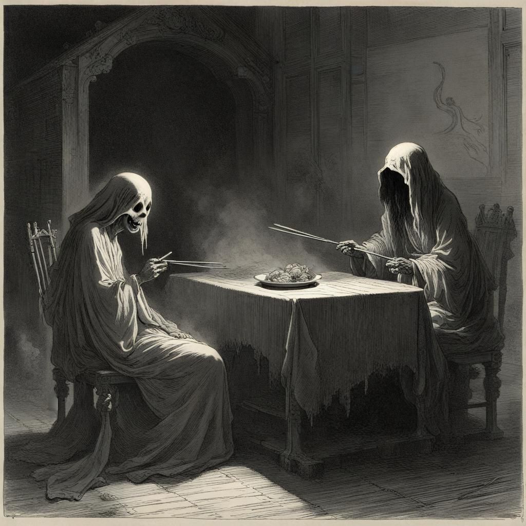 Ghostly Figure Eating with Chopsticks in Horror Style