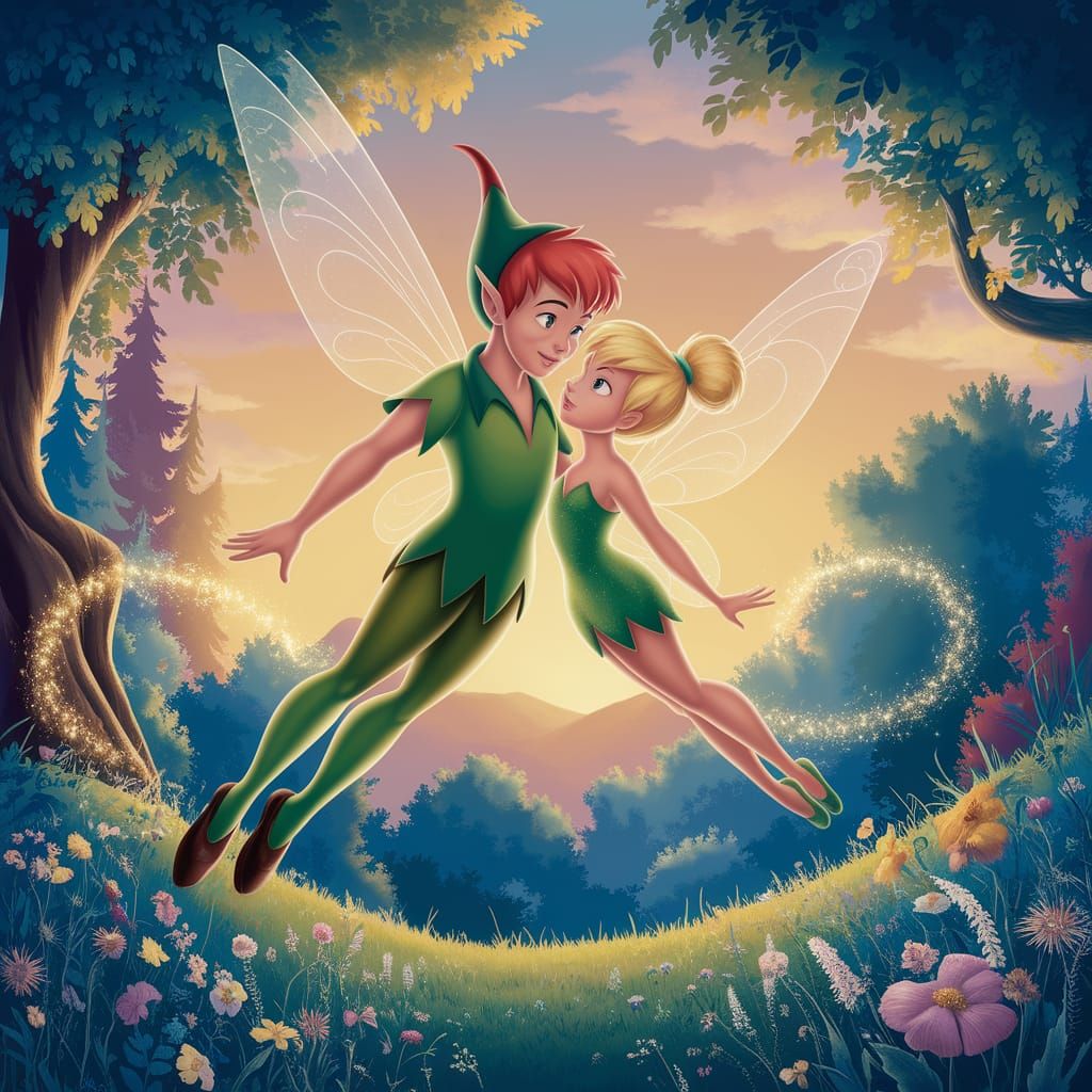 Peter Pan and Tinkerbell in Tender Embrace